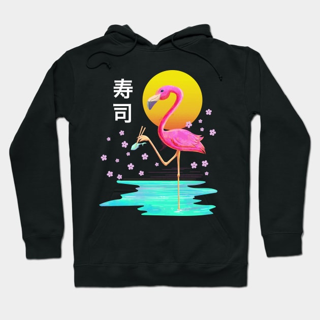 Flamingo Eating Sushi Vaporwave Aesthetic Japanese Kanji Art Hoodie by merchmonkey